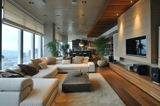 Modern living room with stereo speakers