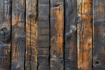 Texture of black and dark brown old wood. Charred and burnt old Board with knots. Wide burned board texture close-up.