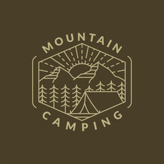 mountain morning camping illustration monoline or line art style