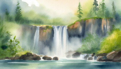 Watercolor Art Painting: Remote Waterfall, Untouched Beauty Gently in Mid-Morning