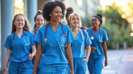 Diverse team of medical students young women in scrubs walk together on a university hospital campus. - obrazy, fototapety, plakaty