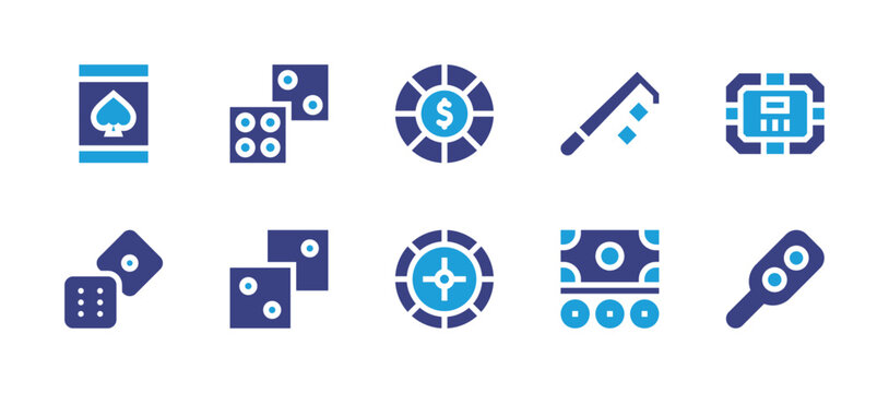 Betting icon set. Duotone color. Vector illustration. Containing poker chip, roulette, online gambling, poker table, sic bo, two up, dices, cash, dice.