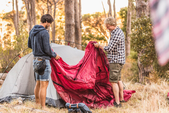 group of guys camping in the woods