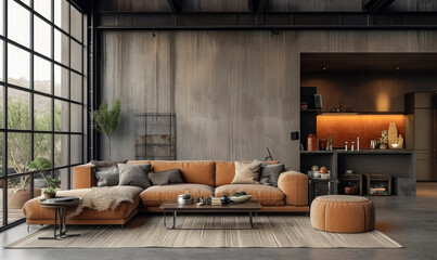 Industrial style interior with gray sofa and gray armchair on dark cement wall.