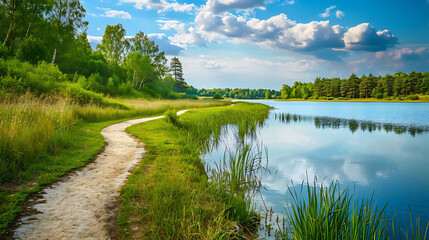 Scenic Nature Landscape with a Path Winding Near the Serene Lake - A Journey Through Nature's Beauty and Calm