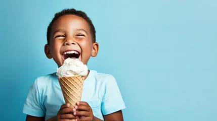 Foto op Canvas Cheerful kid enjoying ice cream in waffle cone on blue background with space for text © Ilja