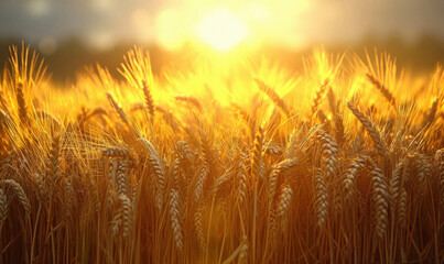 Wheat field under the blue sky. Ripe wheat ears background. Rich harvest concept.