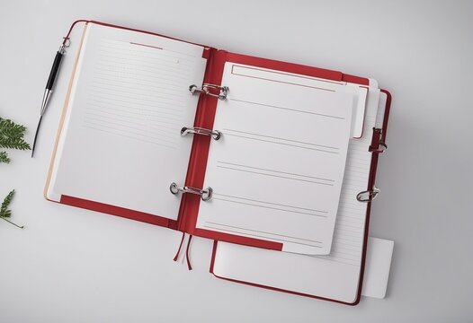 Blank note book with three ring binder holes and red margin line isolated on white