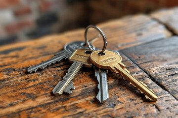 Set of three house keys on the ring on table in a room. Bunch of apartment keys. To forget keys at home consept.