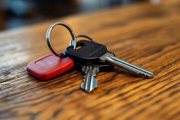 Set of three house keys on the ring on table in a room. Bunch of apartment keys. To forget keys at home consept.