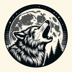 illustration of howling wolf in fullmoon, vintage grunge logo, ai generate	