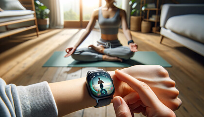 oga enthusiast in modern gym uses advanced smartwatch for holographic health analysis, focusing on fitness metrics. AI Generated