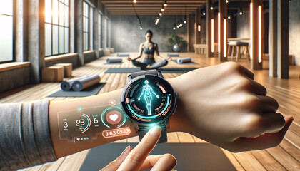 oga enthusiast in modern gym uses advanced smartwatch for holographic health analysis, focusing on fitness metrics. AI Generated