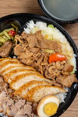 top view Longjiang trotter rice with pork and sausage and pickled cabbage and vegetable and egg and rice and soup at vertical composition