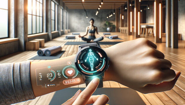 oga enthusiast in modern gym uses advanced smartwatch for holographic health analysis, focusing on fitness metrics. AI Generated - Powered by Adobe