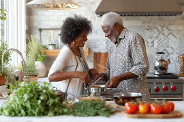 Senior African American couple cooking a meal together in the kitchen. - obrazy, fototapety, plakaty