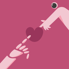 Astronaut and AI robot congratulate you on Valentine's Day. Romantic greeting card with a robot, heart and an astronaut. Flat vector illustration.