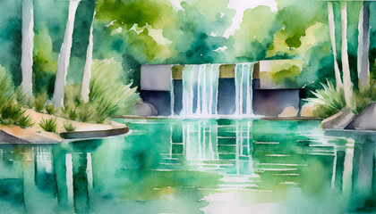 Watercolor Art Painting: Cascading Waters in Serene Pool Softly on Afternoon