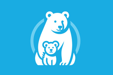 Polar bear with a bear cub. Nice simple logo, icon. White on blue