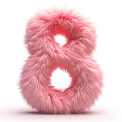 A pink fuzzy number eight on a white background