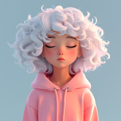 3D Portrait of a girl character  with white hair in a pink hoodie