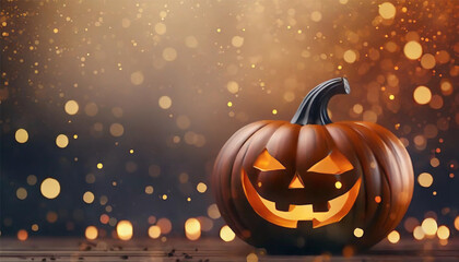 NIght halloween with pumpkin on bokeh background with copy space