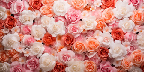 Floral background of colorful roses in pastel colors, soft focus