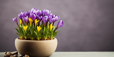 Purple and yellow crocuses in a flower pot on a plain light background
