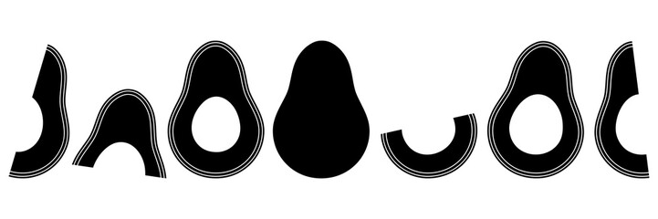 Avocado silhouettes parts set. Whole, half and slices of avocado collection. Vector illustration isolated on white.