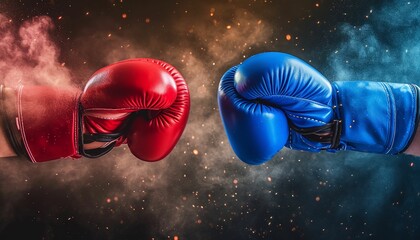 Red and blue boxing gloves clashing. Head-to-head confrontation and conflict. - obrazy, fototapety, plakaty