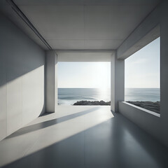 Fototapeta na wymiar Abstract empty minimal open space concrete inerior with sunlight and an ocean view, 3d rendering - generated by ai