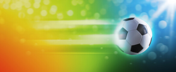 Fast football ball on rainbow background
