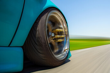 The front wheel of a tuning car driving fast on the road