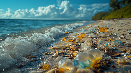 Plastic waste on tropical beaches, water pollution