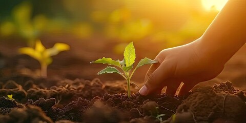 Fototapeta na wymiar Nurturing nature future. Child hopeful act of planting small seedling embracing concept of environmental sustainability and eco friendly agriculture to care for green earth one sprout at time