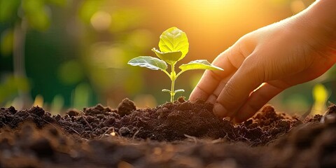 Nurturing nature future. Child hopeful act of planting small seedling embracing concept of...