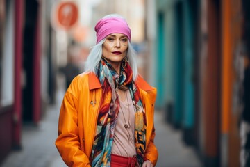 Portrait of a fashionable woman in a pink hat and coat on the street