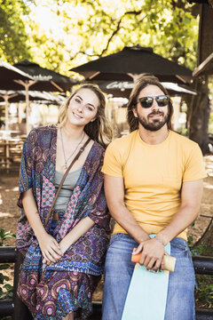 Romantic couple having a happy time at an outdoor restaurant.