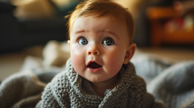 Baby looking at camera with surprised expression, portrait