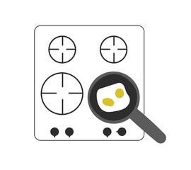 Composition of kitchen gas stove with pan and fried eggs on it. Simple minimal outline objects for interior and receipts design. Vector illustration