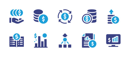 Finance icon set. Duotone color. Vector illustration. Containing money, coins, deposit, circular economy, profit, bar chart, financial statement, record book, consolidate, finance.