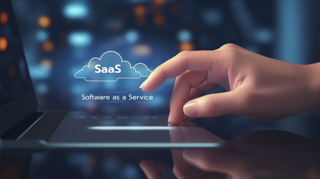 SaaS software as a service concept with hand pressing a button