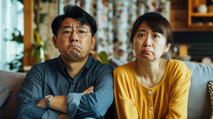 Annoyed Asian wife and funny tricky husband. - obrazy, fototapety, plakaty
