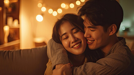 Asian young man and woman hugging each other in living room at home. Attractive romantic new marriage couple male and female spending time celebrate anniversary and valentine's day together in house.
