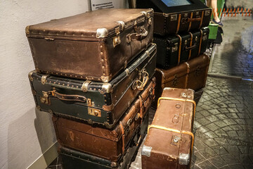 Vintage suitcases used by emigrants in the 19th and 20th centuries.   