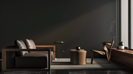 A living room with a couch, chair, table and lamp