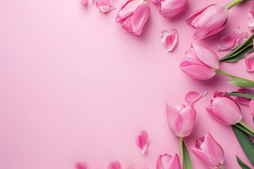 Naklejka na ściany i meble pink tulips with petals on background, romantic Valentine's Day card or banner