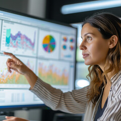 Woman looking at data on monitor and briefing