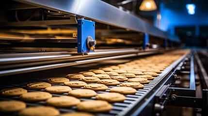 Efficient production line of baking cookies on conveyor belt in a modern confectionery factory