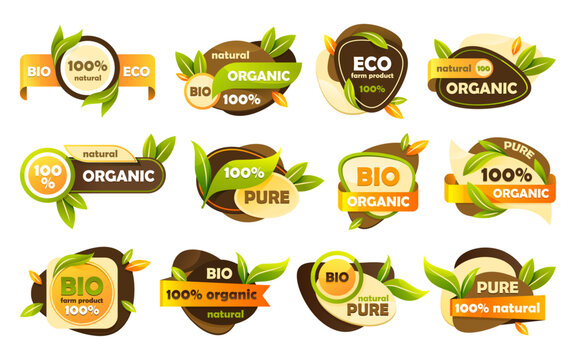 Eco label and bio sticker, natural, organic tag. Vector images for shop or store, green market grocery. Set of isolated sticky badge for vegetable and fruit. Stamp for farm plant. Nutrition theme.